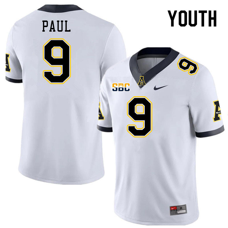 Youth #9 Jarrett Paul Appalachian State Mountaineers College Football Jerseys Stitched Sale-White - Click Image to Close